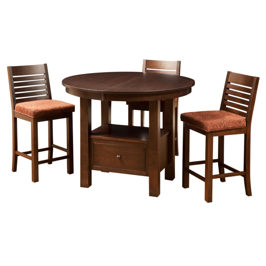 cafe gathering table round, Dining room, dining room furniture, solid wood, solid oak, solid maple, custom, custom furniture, dining table, dining chair, made in Canada, Canadian made, bar table, pub table, storage, storage ideas