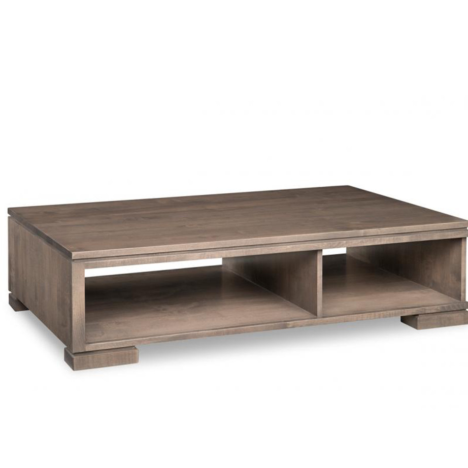 cordova coffee table, handstone, solid wood, rustic wood, made in canada, canadian made, living room table, drawers, open shelf table