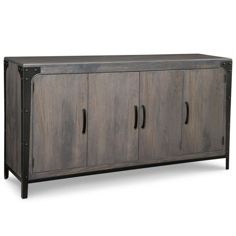 portland Wide sideboard, solid wood, made in canada, handstone, rustic, modern, contemporary, storage cabinet, glass doors, metal accents, custom