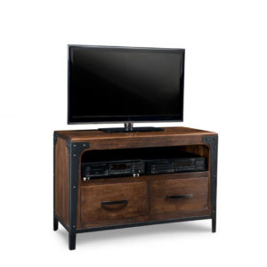 portland 48 tv console, custom tv console, handstone, solid wood furniture, rustic wood furniture, maple, oak, made in canada, canadian made, customizable, metal accents