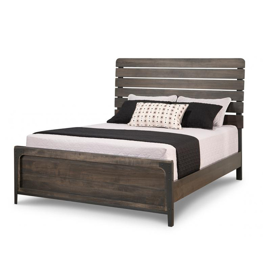 portland bed, handstone, solid wood, rustic wood, metal accents, modern, urban, contemporary, maple, rustic wood, queen bed, king bed, made in canada, canadian made, master bedroom,