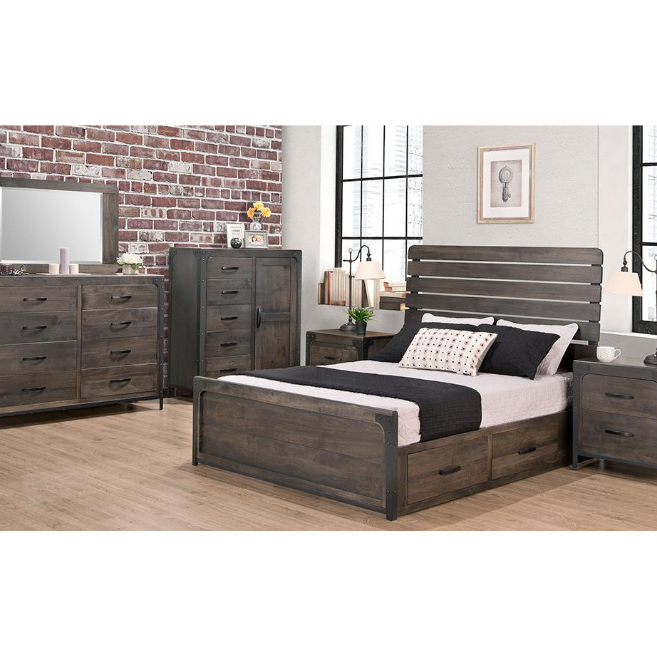 portland bedroom, handstone, solid wood, rustic wood, metal accents, modern, urban, contemporary, maple, rustic wood, dovetailed drawers, made in canada, canadian made, master bedroom, storage bed, drawers