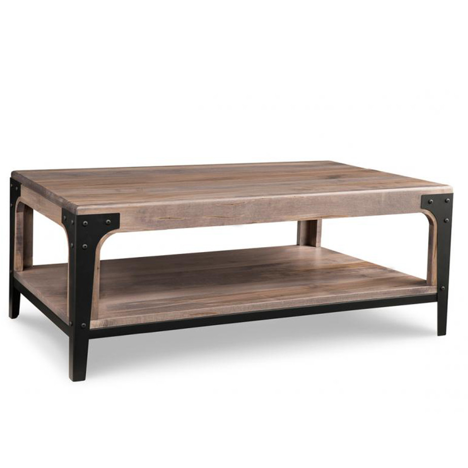 portland coffee table, handstone, solid wood, rustic wood, made in canada, canadian made, living room table, cocktail table, metal accents
