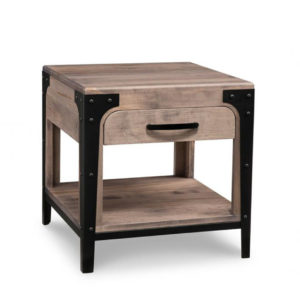 portland end table, handstone, solid wood, rustic wood, made in canada, canadian made, living room table, drawers, metal accents