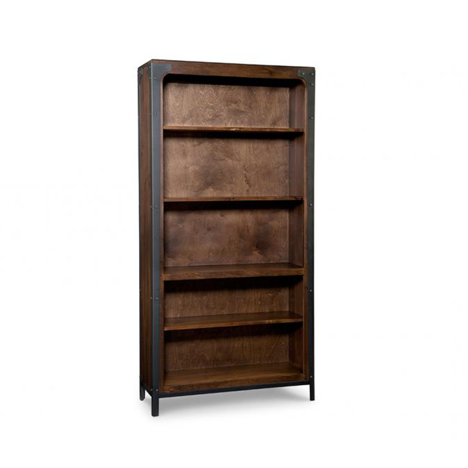 portland bookcase, handstone, solid wood, rustic wood, made in canada, canadian made, shelf, shelving, book shelf, storage, doors, office furniture, metal accents