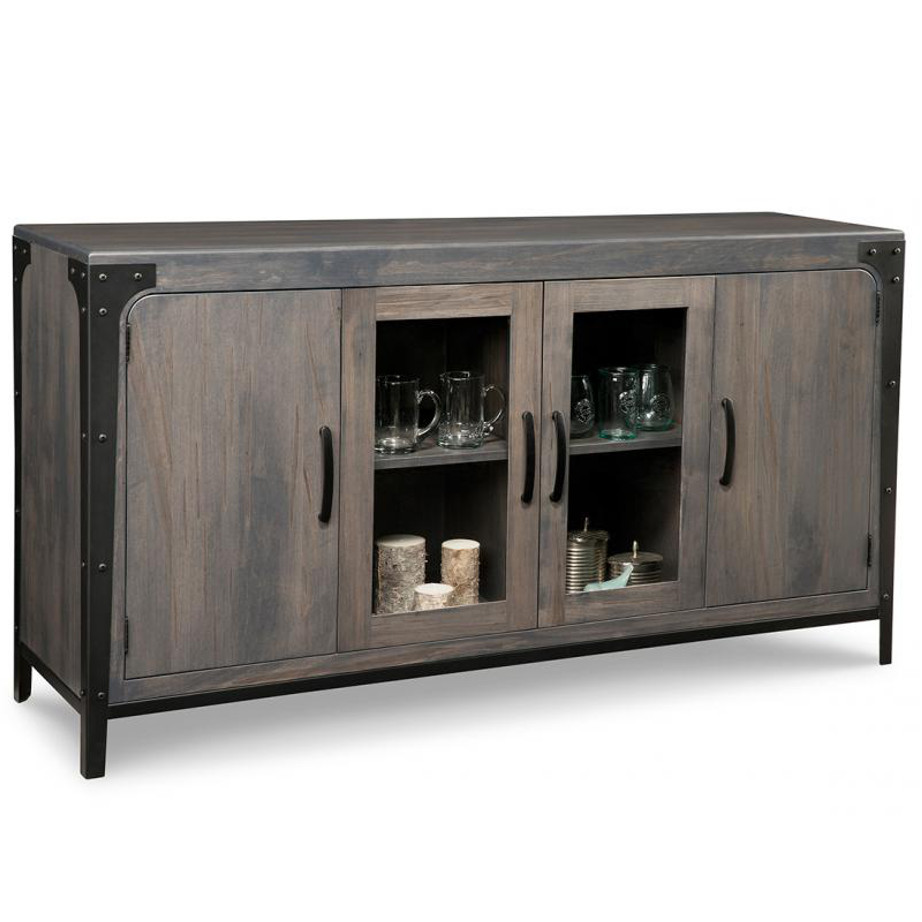 portland wide display sideboard, solid wood, made in canada, handstone, rustic, modern, contemporary, storage cabinet, glass doors, metal accents, custom