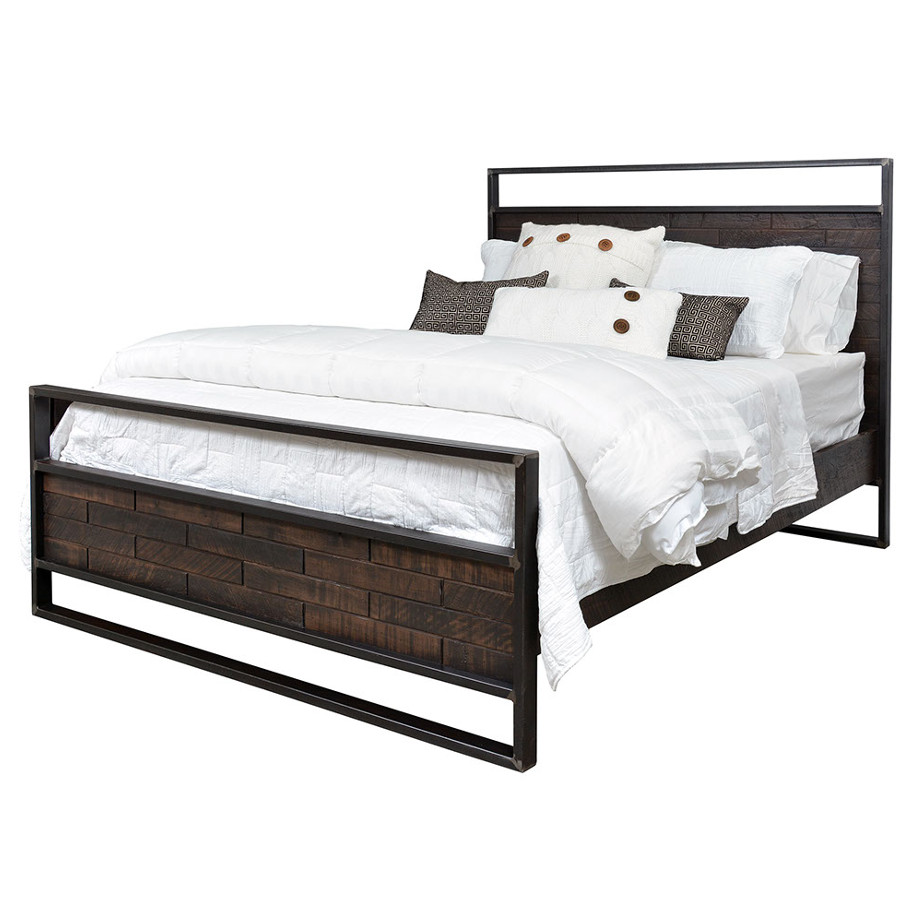 solid wood bed, rustic furniture, made in canada, canadian made, rustic bedroom, queen, king, distressed wood, ruff sawn, carson bed, metal frame, stacked wood