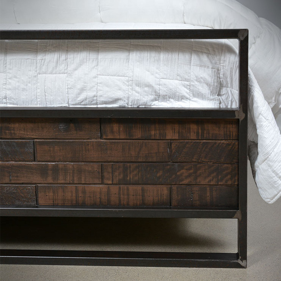 solid wood bed, rustic furniture, made in canada, canadian made, rustic bedroom, queen, king, distressed wood, ruff sawn, carson bed, metal frame, stacked wood