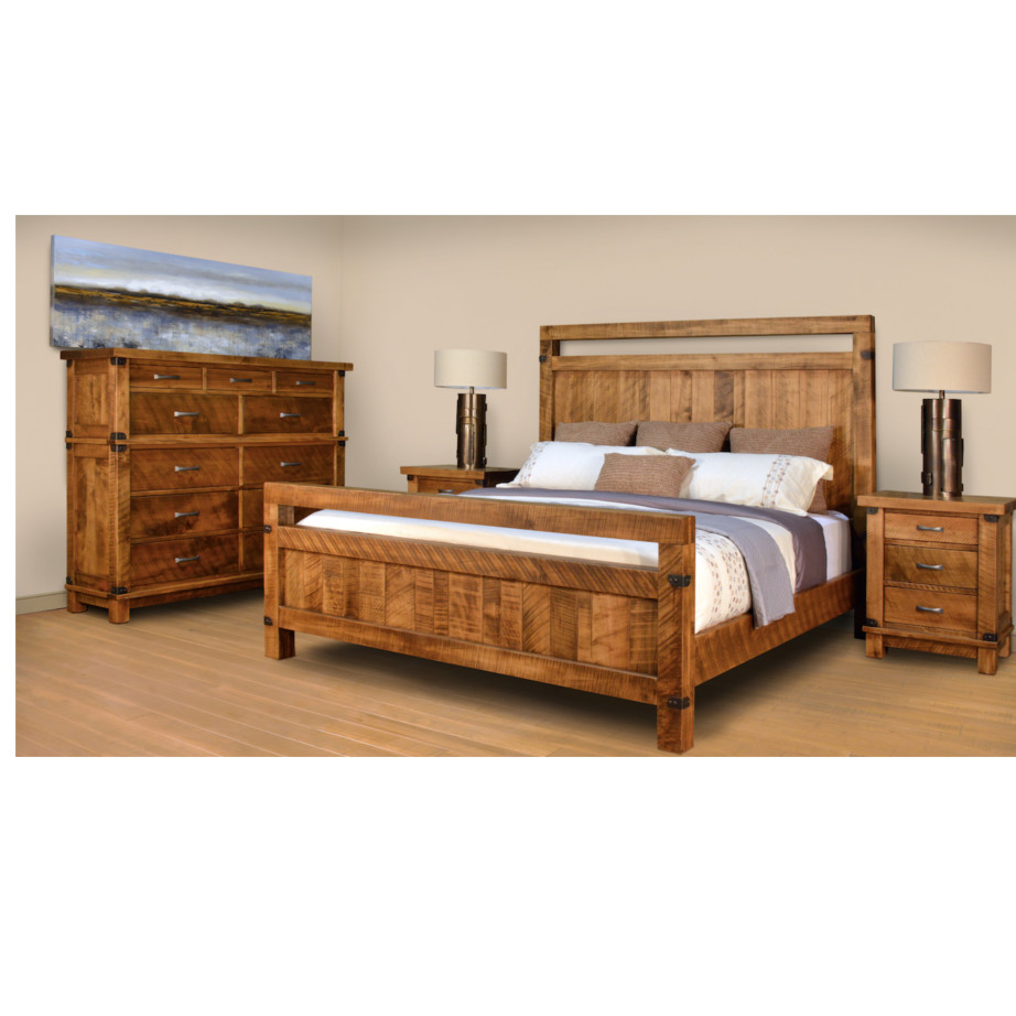 solid wood bed, rustic furniture, made in canada, canadian made, rustic bedroom, queen, king, distressed wood, ruff sawn, galley bed, metal details